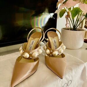 Jimmy Choo Tan Slingback Heels with Pearl Embellishments